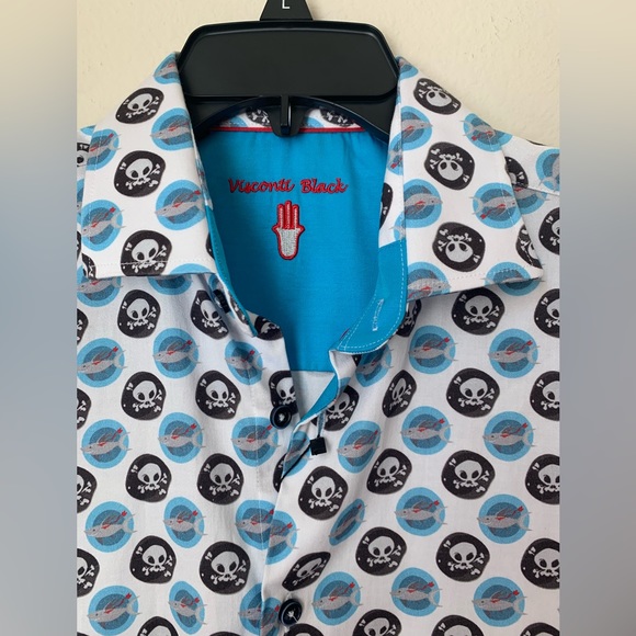 🔥NWT-Luciano Visconti black label fun pirate shark button up shirt size M - Picture 2 of 10